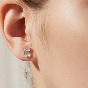Gold Emerald Cut Zircon Stud Earrings. 925 Sterling Silver. #1017